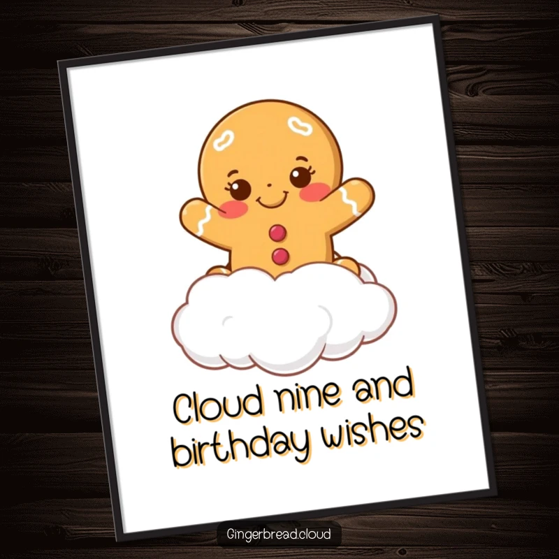 Funny Free Printable Wall Art: Smiling gingerbread cookie leaping from a fluffy white cloud, exuding pure, sweet joy and wonder.