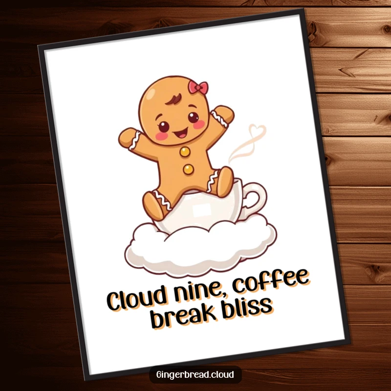 Funny Free Printable Wall Art: Gingerbread boy jumping over a steaming coffee cup cloud, creating whimsical decor.