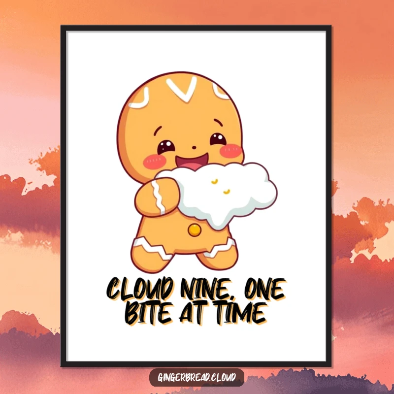 Cheerful Free Printable Wall Art: A happy gingerbread character taking an enormous, joyful bite out of a soft, fluffy cloud, bringing lighthearted fun.