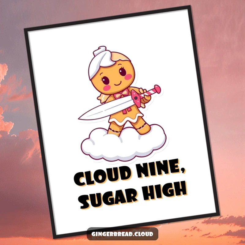 Funny free printable wall art of a determined gingerbread person with a candy cane sword, heroically standing on a cloud, ready for action.
