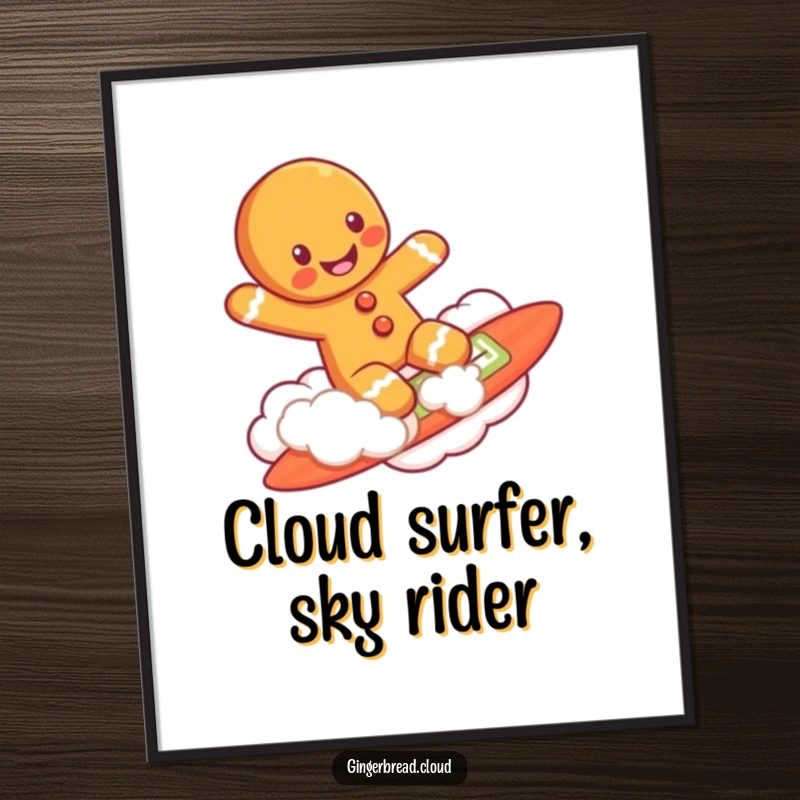 Funny Free Printable Wall Art depicting a gingerbread man grinning while surfboarding on a fluffy cloud, embodying pure fun.