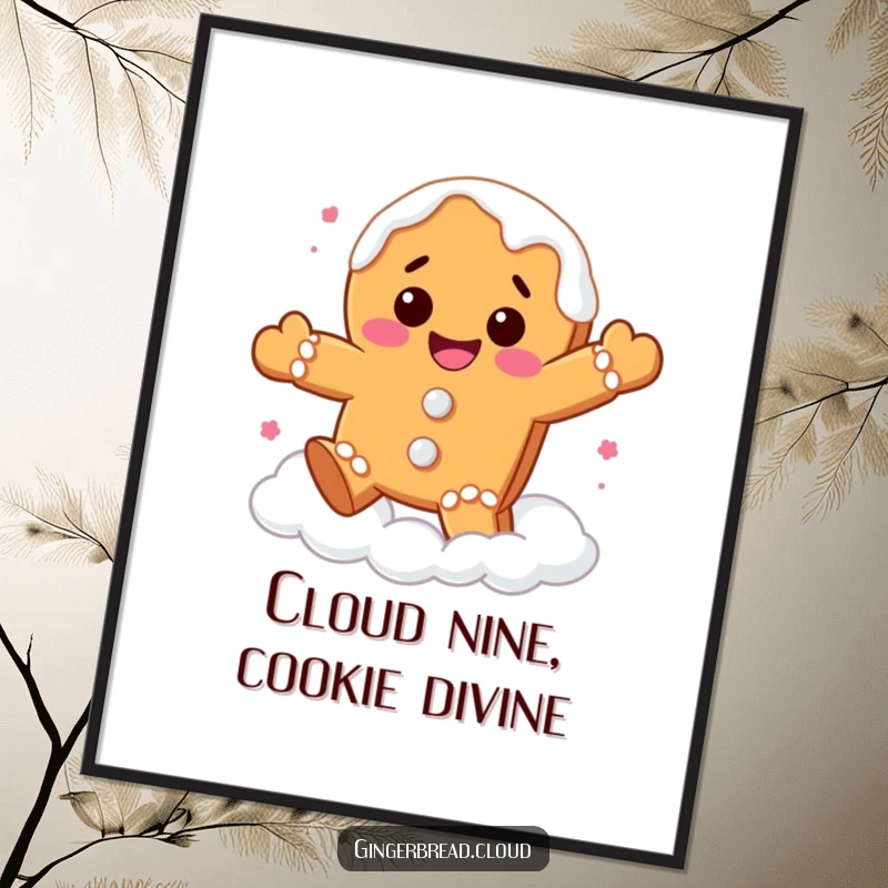 Funny Free Printable Wall Art: Gingerbread cookie with frosting drips joyfully bouncing high on soft white clouds, pure delight!
