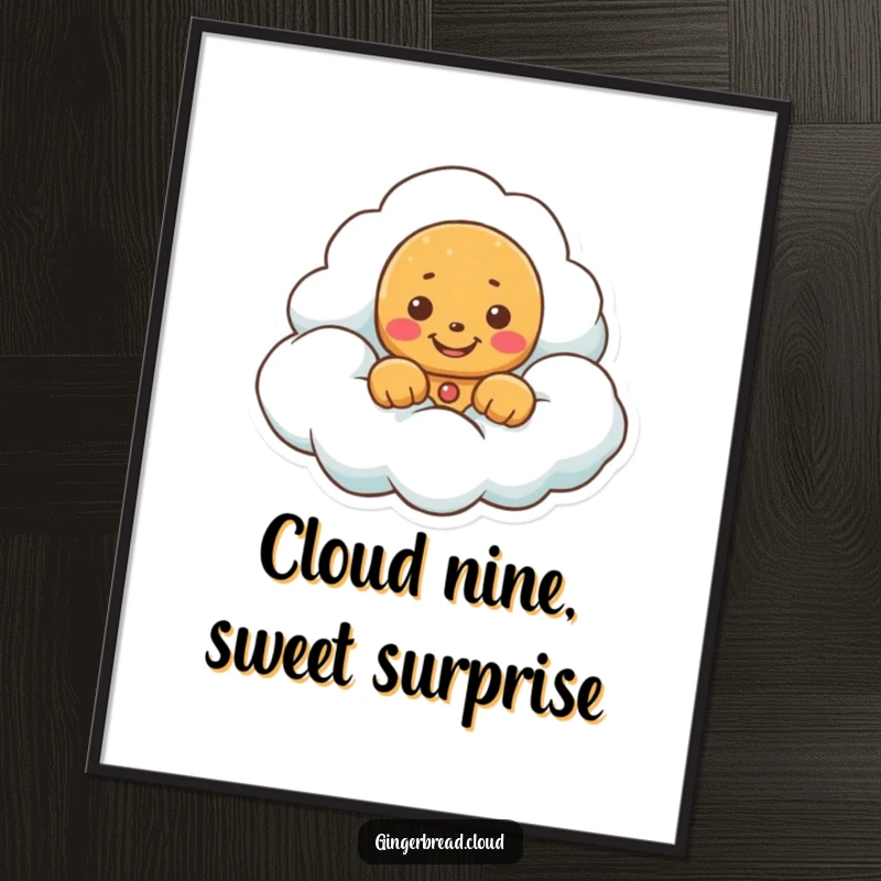 Funny Free Printable Wall Art: Gingerbread character peeking from a fluffy cloud with a wide, cheerful grin.