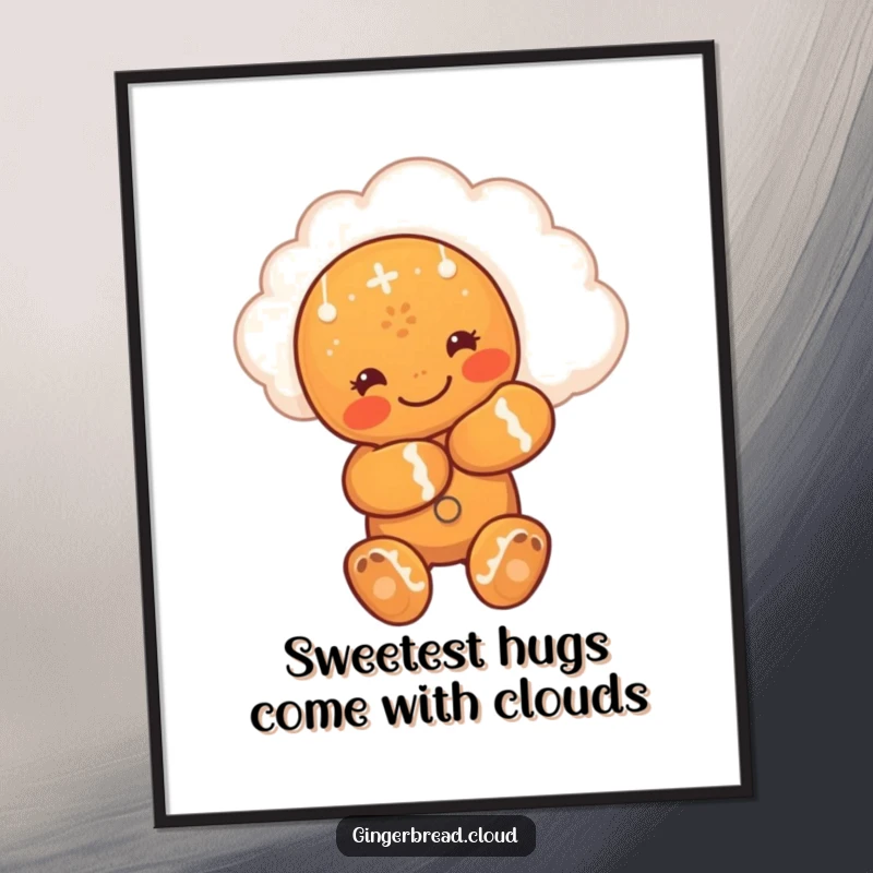 Funny Free Printable Wall Art: A cute gingerbread man affectionately hugging a friendly smiling cloud, bringing joy and comfort.