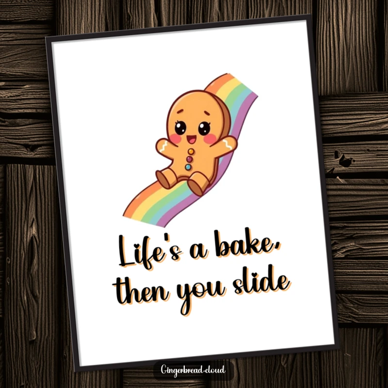 Funny Free Printable Wall Art: A surprised gingerbread cookie captured mid-slide down a bright, colorful rainbow, a whimsical scene.
