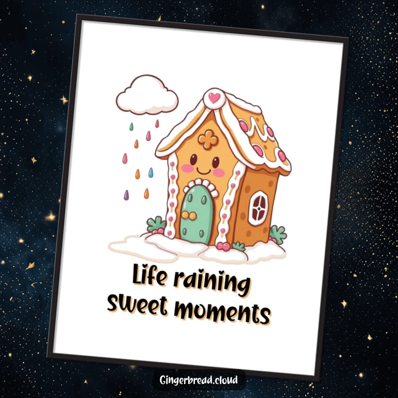Sweet Free Printable Wall Art: A happy gingerbread house with icing watches as a cloud rains down colorful candies.