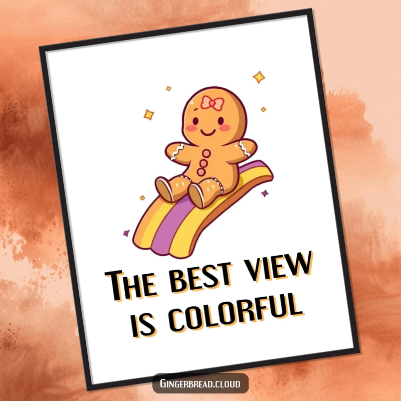 Funny Free Printable Wall Art: A gingerbread character gleefully sliding down a vibrant rainbow, adding color and cheer.