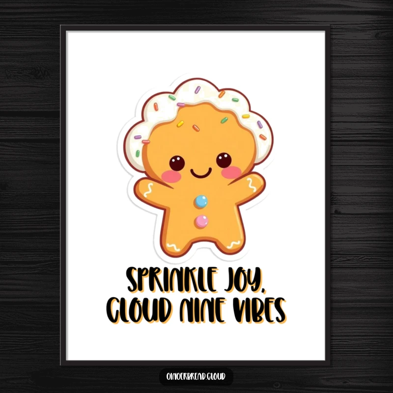Funny Free Printable Wall Art: A whimsical gingerbread cloud character joyfully dropping a cascade of edible sprinkles.