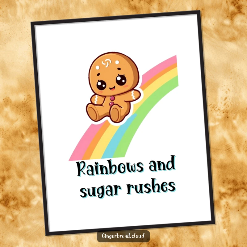Funny free printable wall art: a cheerful gingerbread person with large eyes sliding down a vibrant rainbow, embodying pure, happy motion.
