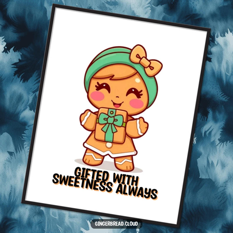 Funny Free Printable Wall Art: Cheerful gingerbread woman character extending a cookie gift with a welcoming smile!