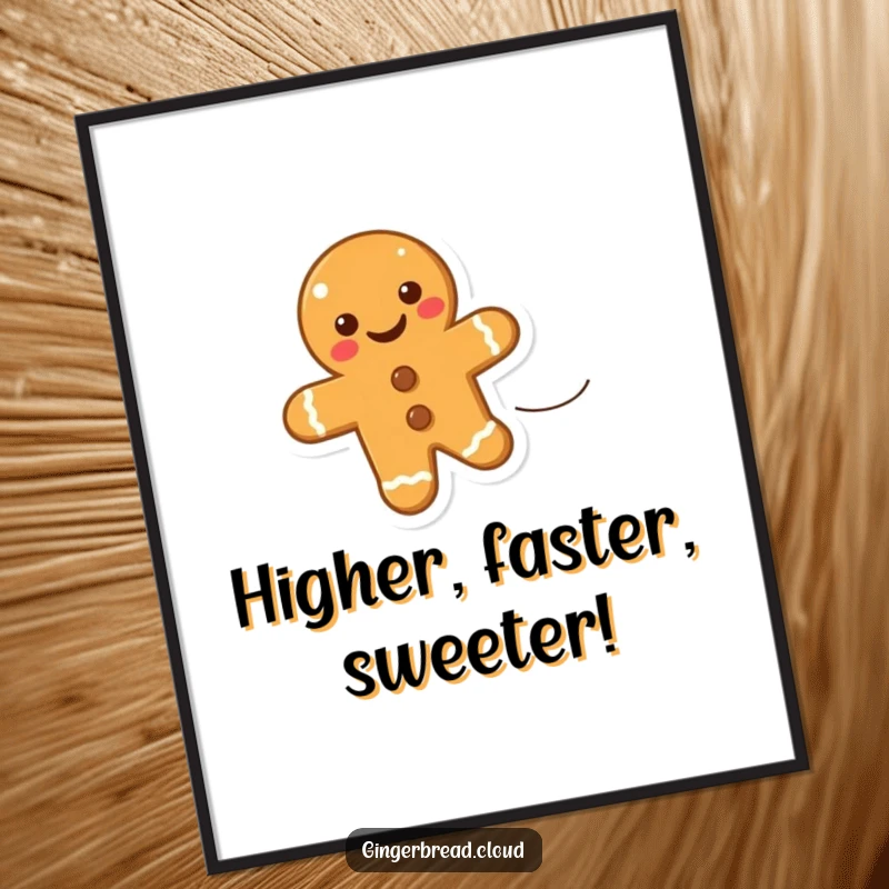 Funny Free Printable Wall Art: A smiling gingerbread cookie floating upwards on a strong gust of wind, adding cheer to walls.