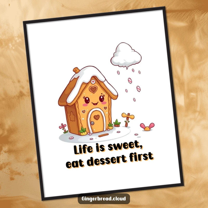 Funny free printable wall art: A charming gingerbread house with icing smiles watches a cloud rain down colorful candy.