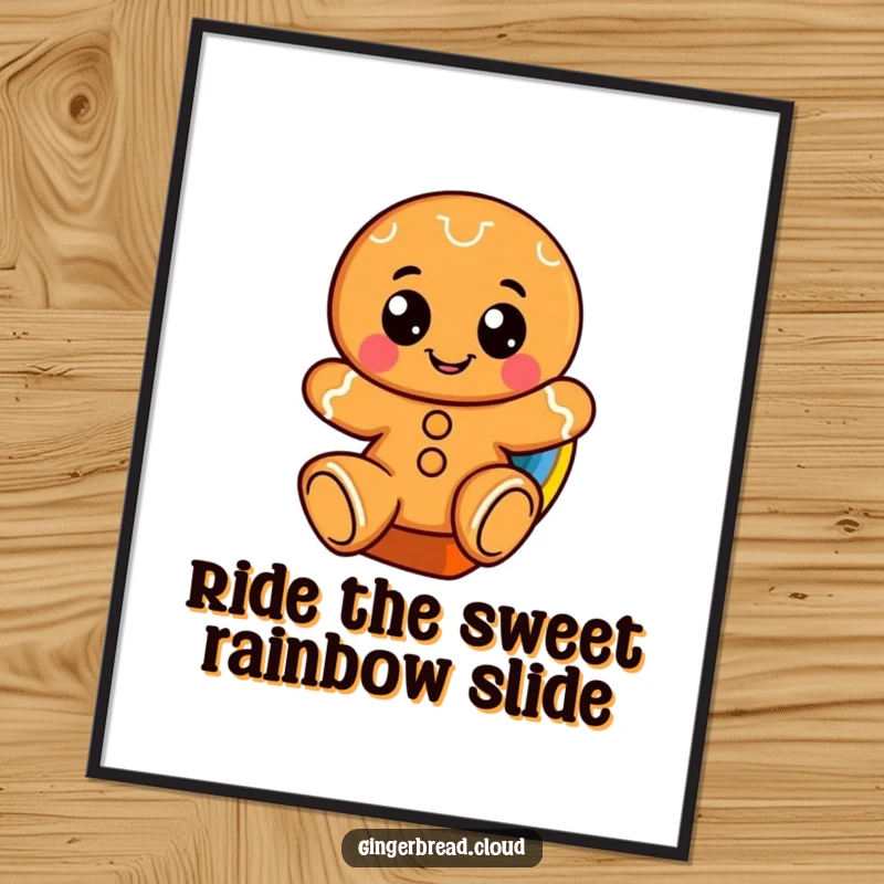 Funny free printable wall art: A beaming gingerbread character with oversized eyes slides down a bright, winding rainbow.
