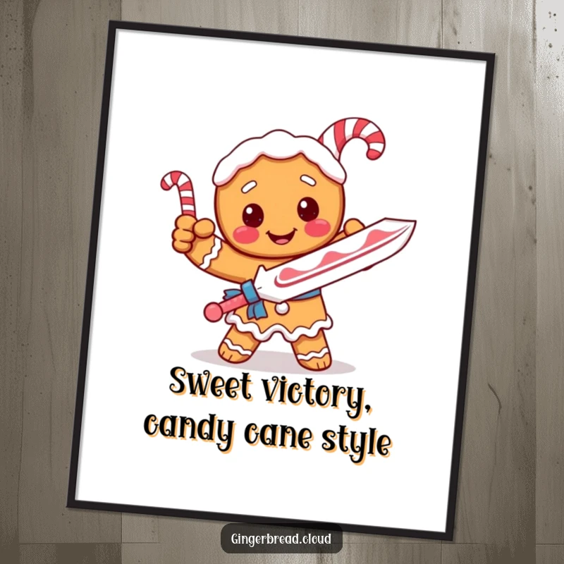 Funny Free Printable Wall Art: Gingerbread character with a candy cane sword striking a playful heroic pose.