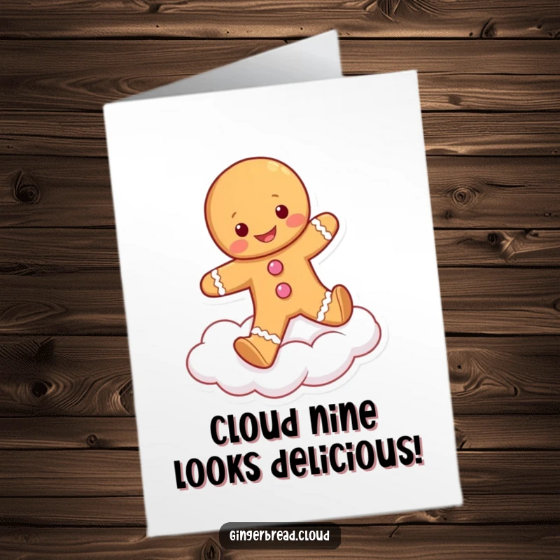 Funny Free Printable Birthday Card: A joyful gingerbread person skipping on a fluffy cloud, spreading birthday cheer and laughter.