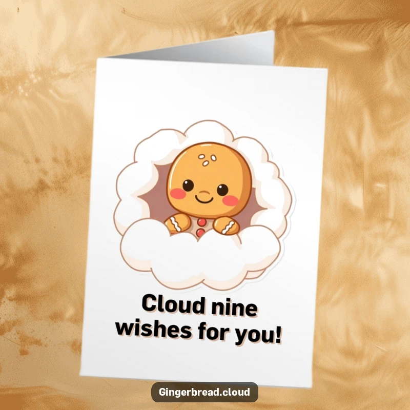 Funny Free Printable Birthday Card: A curious gingerbread character peeks mischievously from a fluffy cloud hollow.