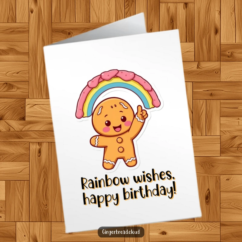 Excited Free Printable Birthday Card: Gingerbread character pointing with enthusiasm at a vibrant rainbow made entirely of delicious icing, celebrating joyfully.