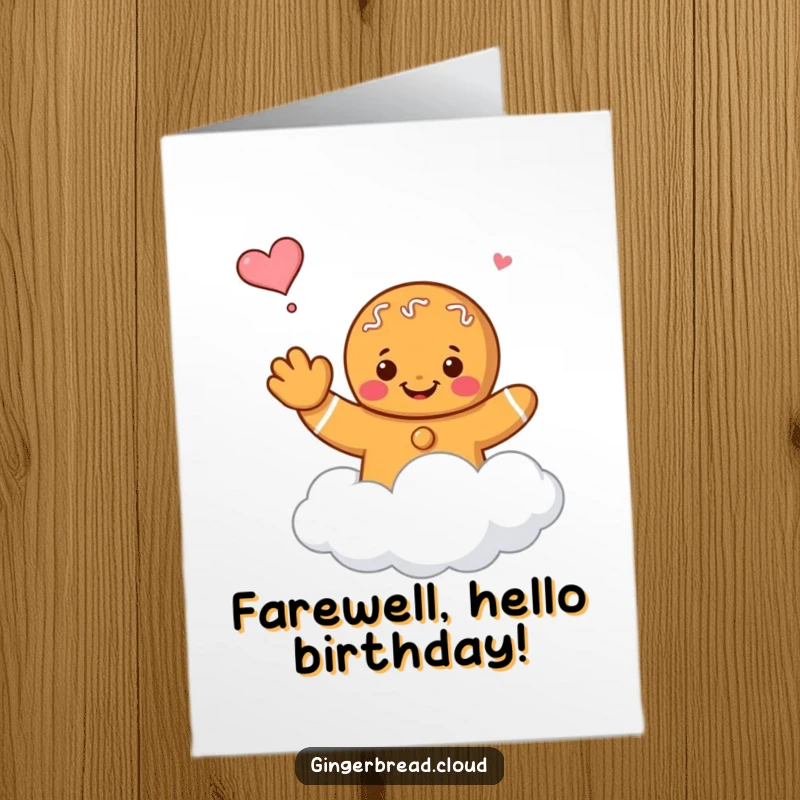 Funny Free Printable Birthday Card: Gingerbread character waves goodbye while floating away on a cloud, a playful farewell.