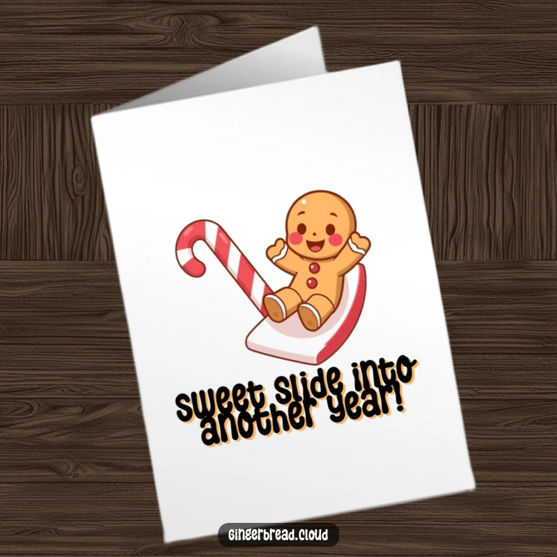 Funny Free Printable Birthday Card: Gingerbread cookie sliding down a candy cane slide with a joyful expression.