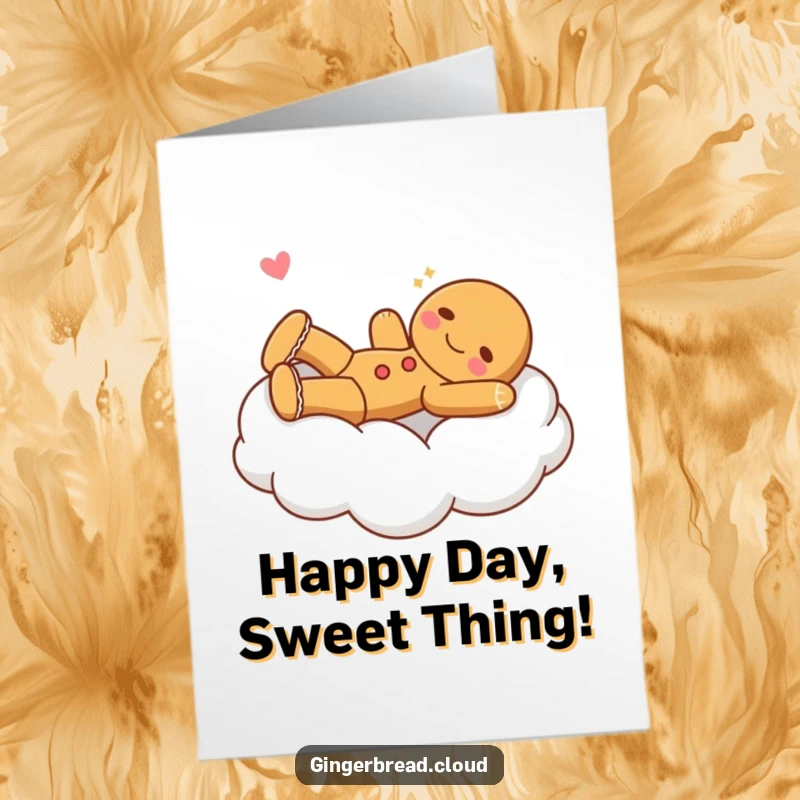 Funny Free Printable Birthday Card: Gingerbread character stretching joyfully on a fluffy cloud bed, a cozy and happy birthday wish.