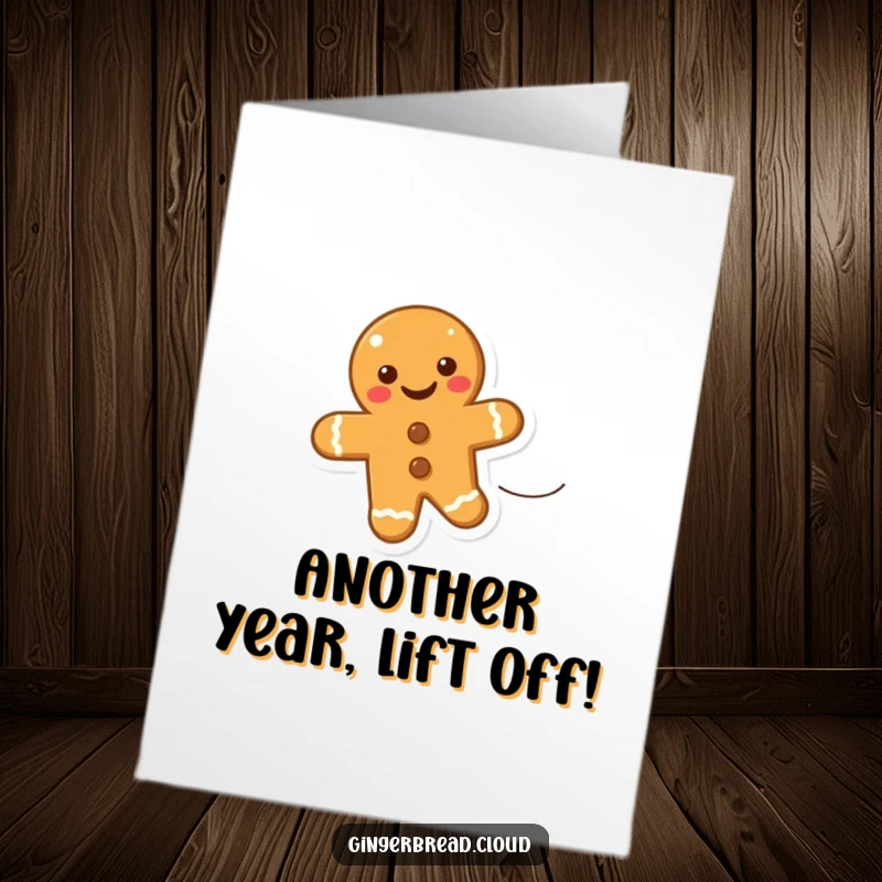 Funny Free Printable Birthday Card: A smiling gingerbread cookie joyfully floating upwards on a gust of wind, celebrating a birthday.