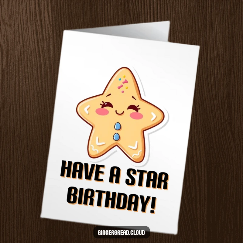 Funny Free Printable Birthday Card: Mischievous gingerbread star with sprinkles gives a playful wink.