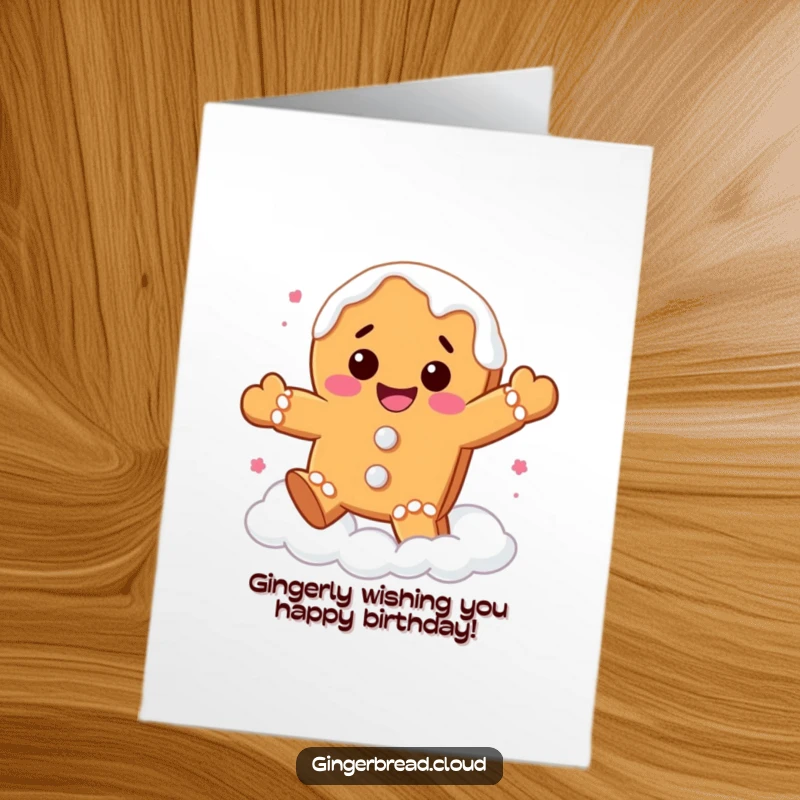 Funny Free Printable Birthday Card: Gingerbread cookie with frosting drips joyfully bouncing high on fluffy white clouds!