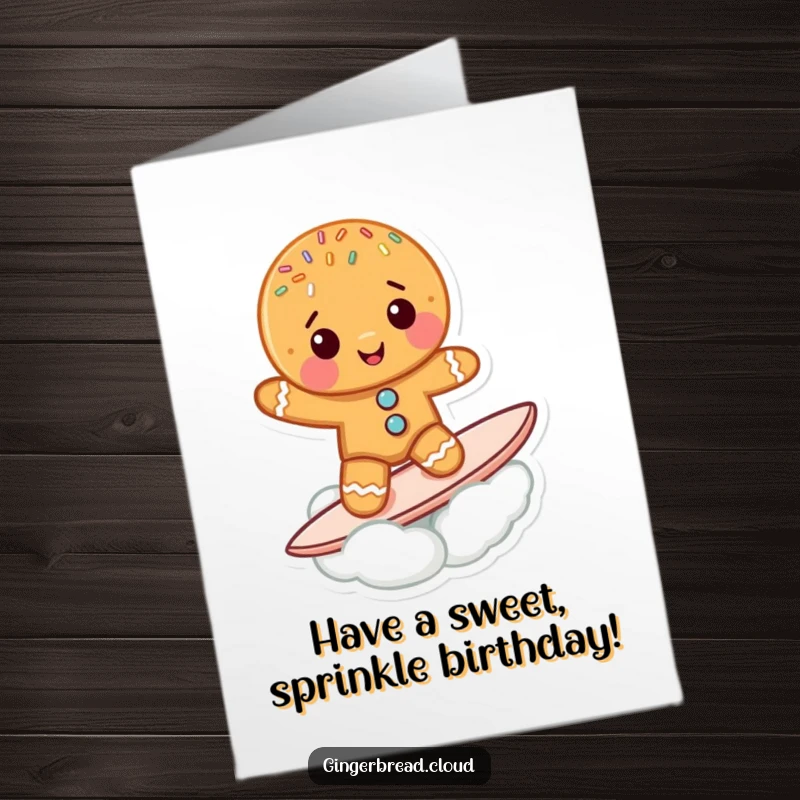 Funny Free Printable Birthday Card: A cute gingerbread cookie character with sprinkles surfing on a cloud.