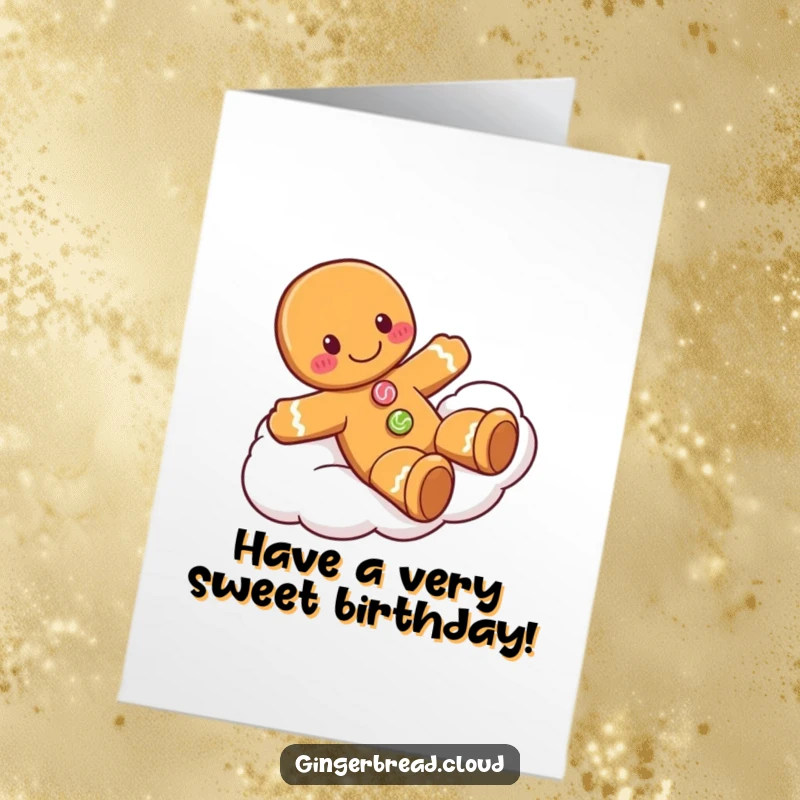 Funny Free Printable Birthday Card: Gingerbread man with candy buttons playfully sliding down a fluffy cloud, pure joy!