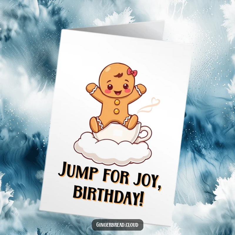 Funny Free Printable Birthday Card: Gingerbread boy leaping over a steaming coffee cup cloud, full of birthday energy.