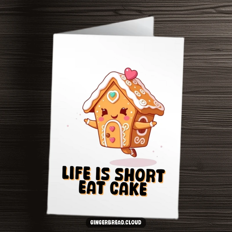 Funny Free Printable Birthday Card featuring a dancing gingerbread house with icing swirls, spreading cheer.
