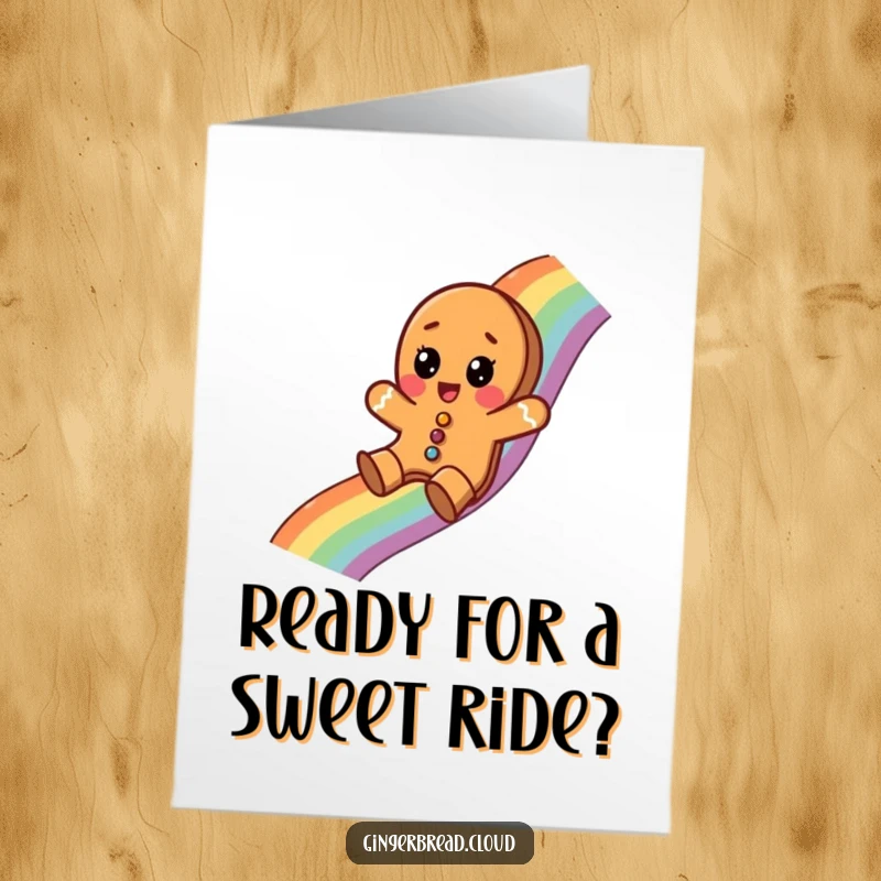 Funny Free Printable Birthday Card featuring a surprised gingerbread cookie sliding down a vibrant rainbow, a delightful birthday surprise.