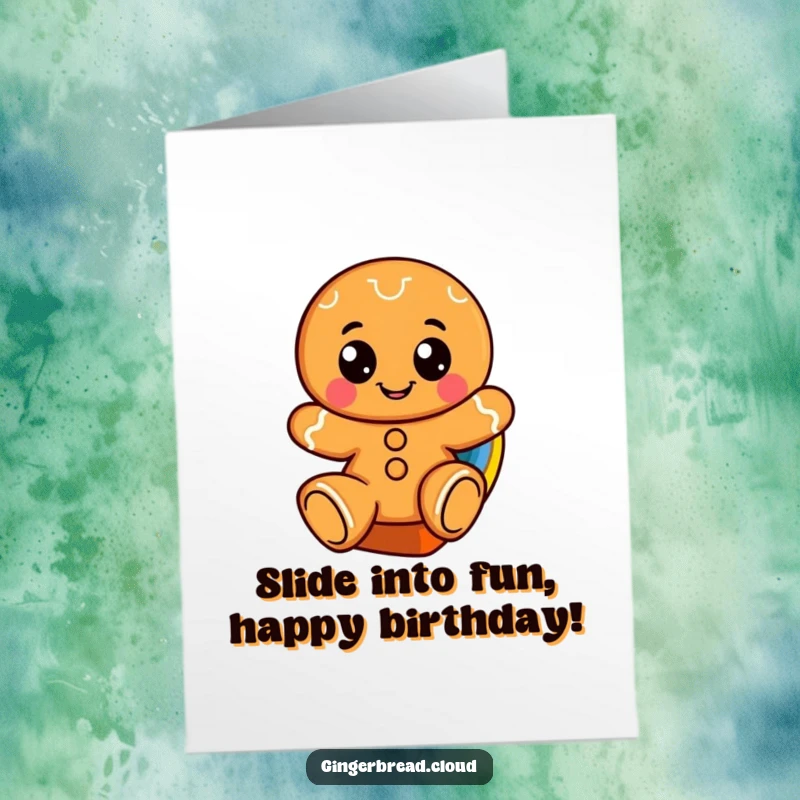 Funny free printable birthday card: A cheerful gingerbread character with big eyes gleefully slides down a vibrant, swirling rainbow.