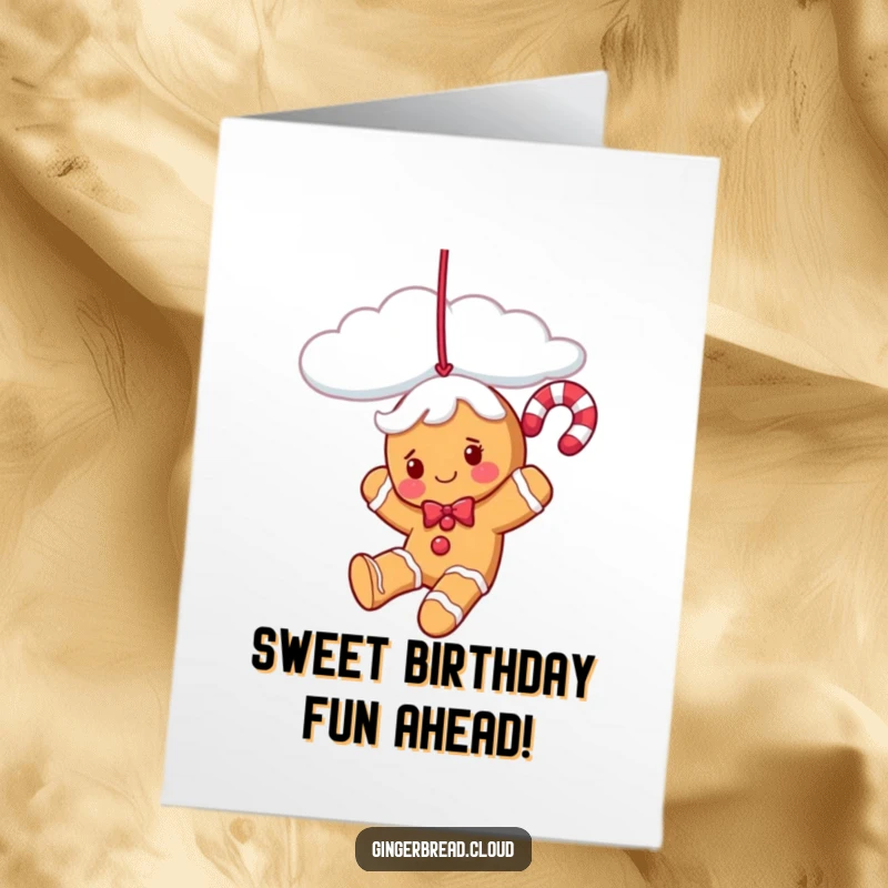 Funny Free Printable Birthday Card showing a playful gingerbread candy cane character swinging from a cloud strand with glee.