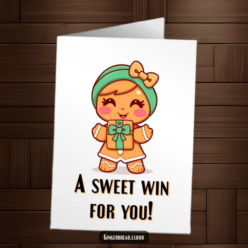 Funny Free Printable Congratulations Card: Cheerful gingerbread woman offering a cookie gift, celebrating sweet achievements!