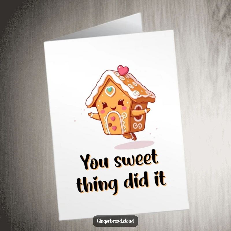 Free Printable Congratulations Card with a merrily dancing gingerbread house character, celebrating success.