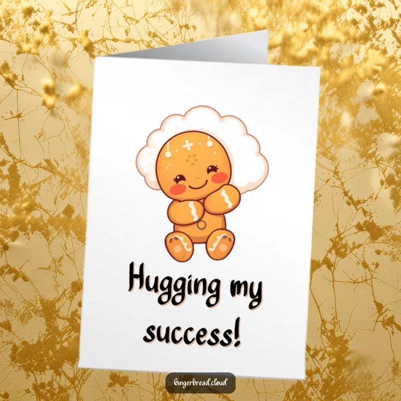 Funny Free Printable Congrats Card: A gingerbread man hugging a happy cloud, celebrating someone's great accomplishment.