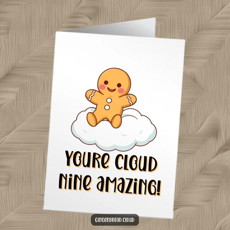 Funny Free Printable Congratulations Card featuring a happy gingerbread cookie character floating serenely on a fluffy cloud, celebrating achievement.