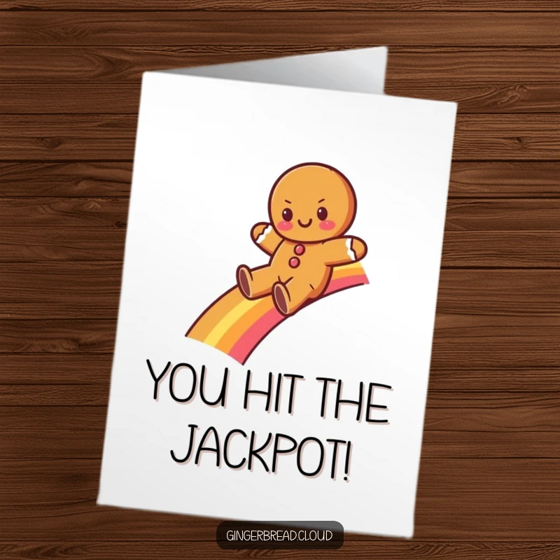 Funny Free Printable Congratulations Card: Gingerbread character joyfully sliding down a rainbow, celebrating success with vibrant enthusiasm.