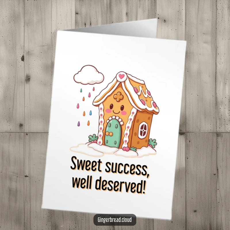 Happy Free Printable Congratulations Card: A cheerful gingerbread house watches a cloud sprinkle sweet candies from above.