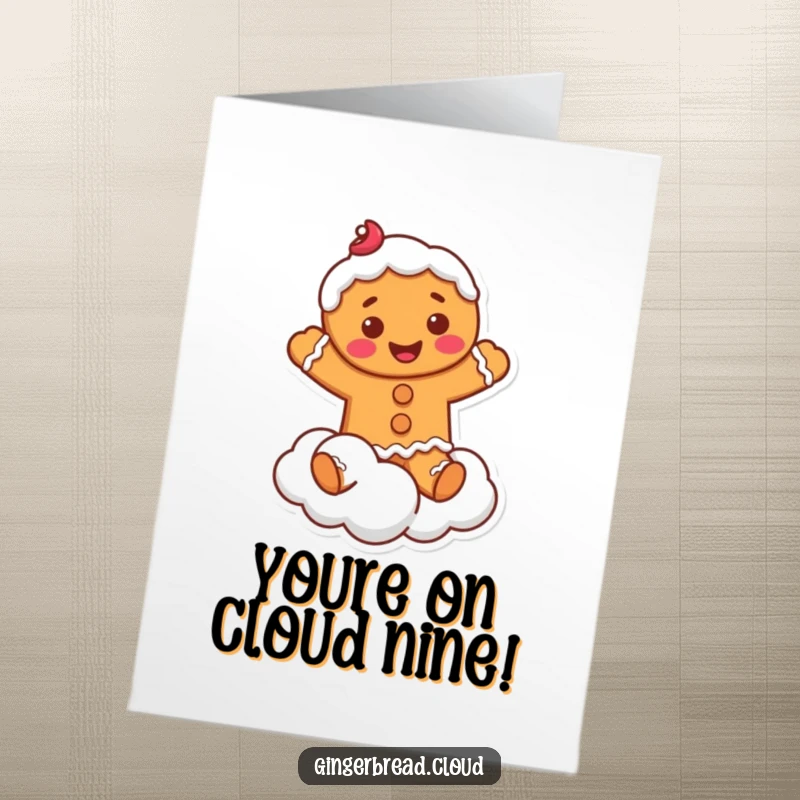 Playful Free Printable Congratulations Card: A happy gingerbread man covered in frosting jumps gleefully on a fluffy cloud.