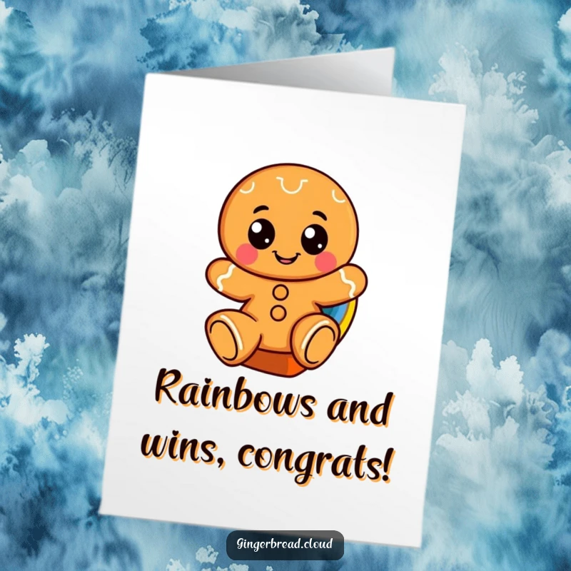 Funny free printable congratulations card: A happy gingerbread character with wide eyes joyfully rides a rainbow slide into success.
