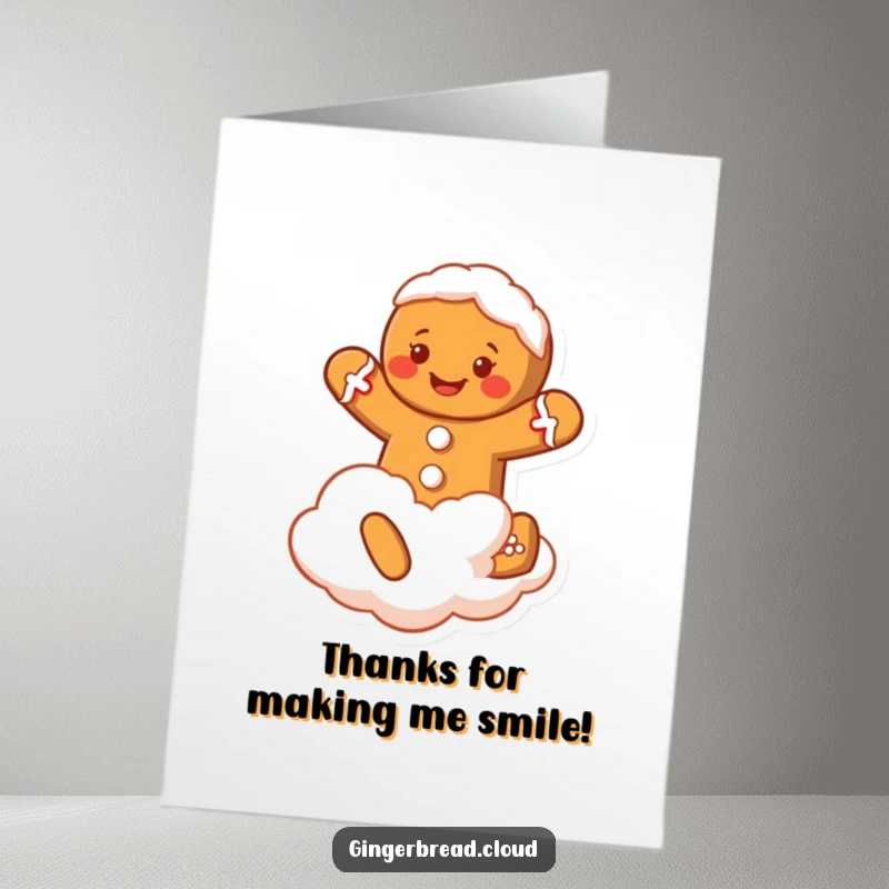 Funny Free Printable Thank You Card: A smiling gingerbread man character with frosting jumping on a cloud, showing thanks.