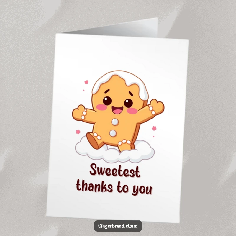 Funny Free Printable Thank You Card: Joyful gingerbread cookie bouncing on clouds, a sweet way to express thanks!