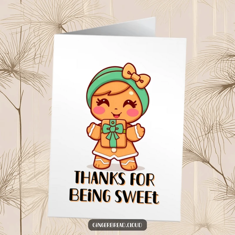 Funny Free Printable Thank You Card: Cheerful gingerbread woman happily offers a cookie gift with a warm smile!
