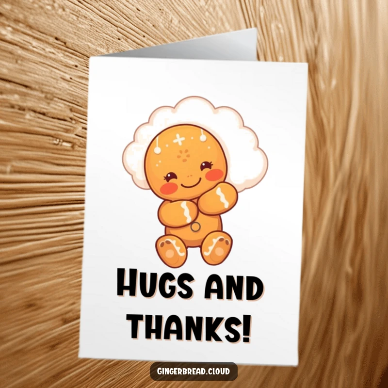 Funny Free Printable Thank You Card: A cute gingerbread man embracing a smiling cloud, expressing heartfelt thanks.
