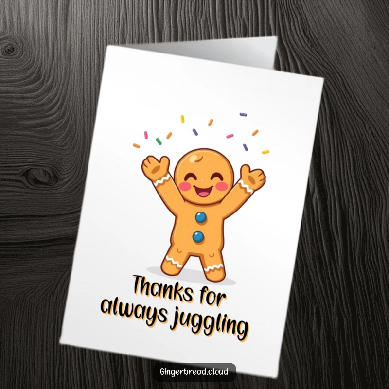 Funny Free Printable Thank You Card: A grinning gingerbread man expertly juggling bright, colorful sprinkles, expressing heartfelt thanks.