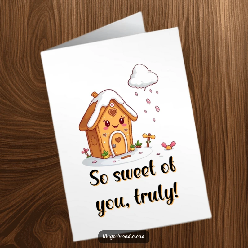 Funny free printable thank you card: A gingerbread house enjoys a heavenly shower of candy from a fluffy cloud above.