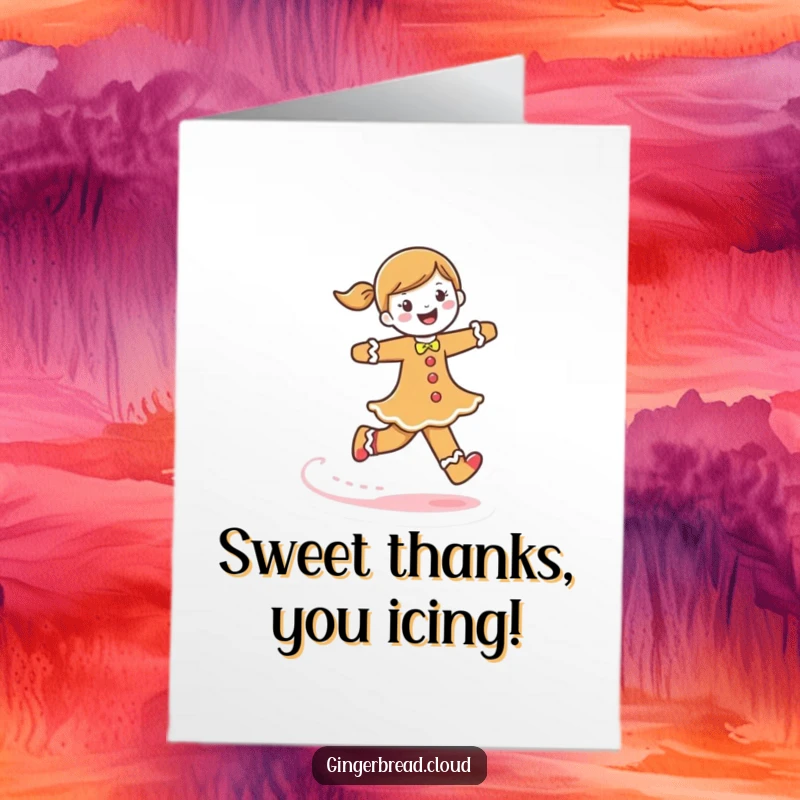 Funny Free Printable Thank You Card depicting a joyful gingerbread woman skipping, leaving a delightful frosting trail.