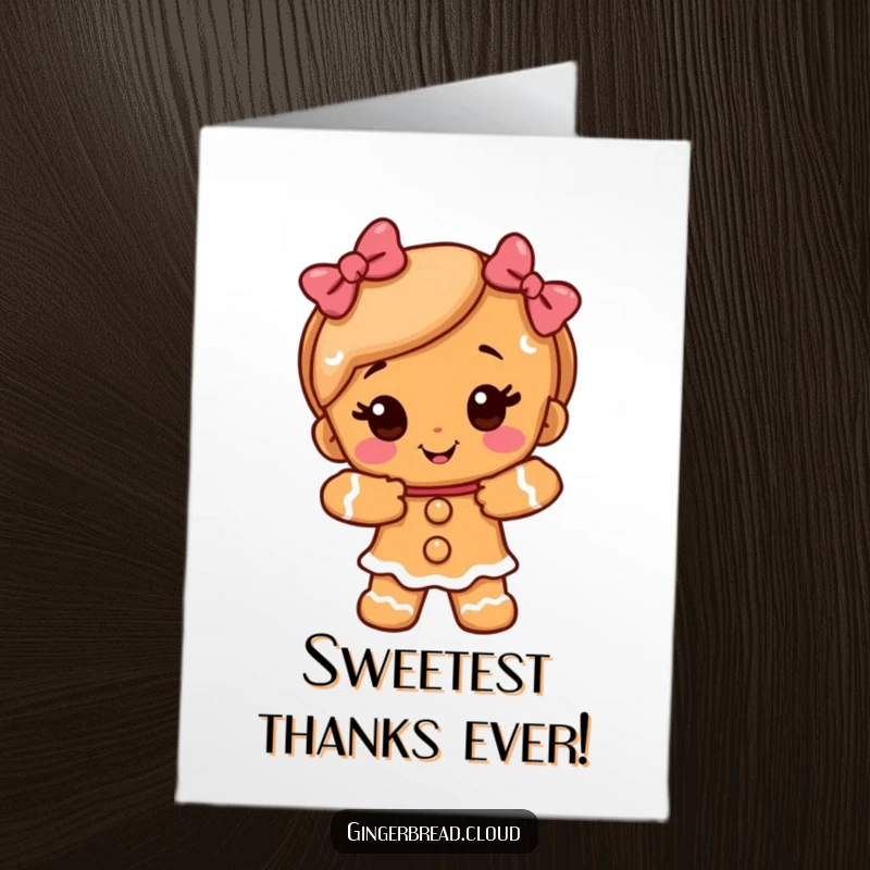Funny Free Printable Thank You Card of a happy gingerbread girl character offering a warm, sugary embrace of thanks.